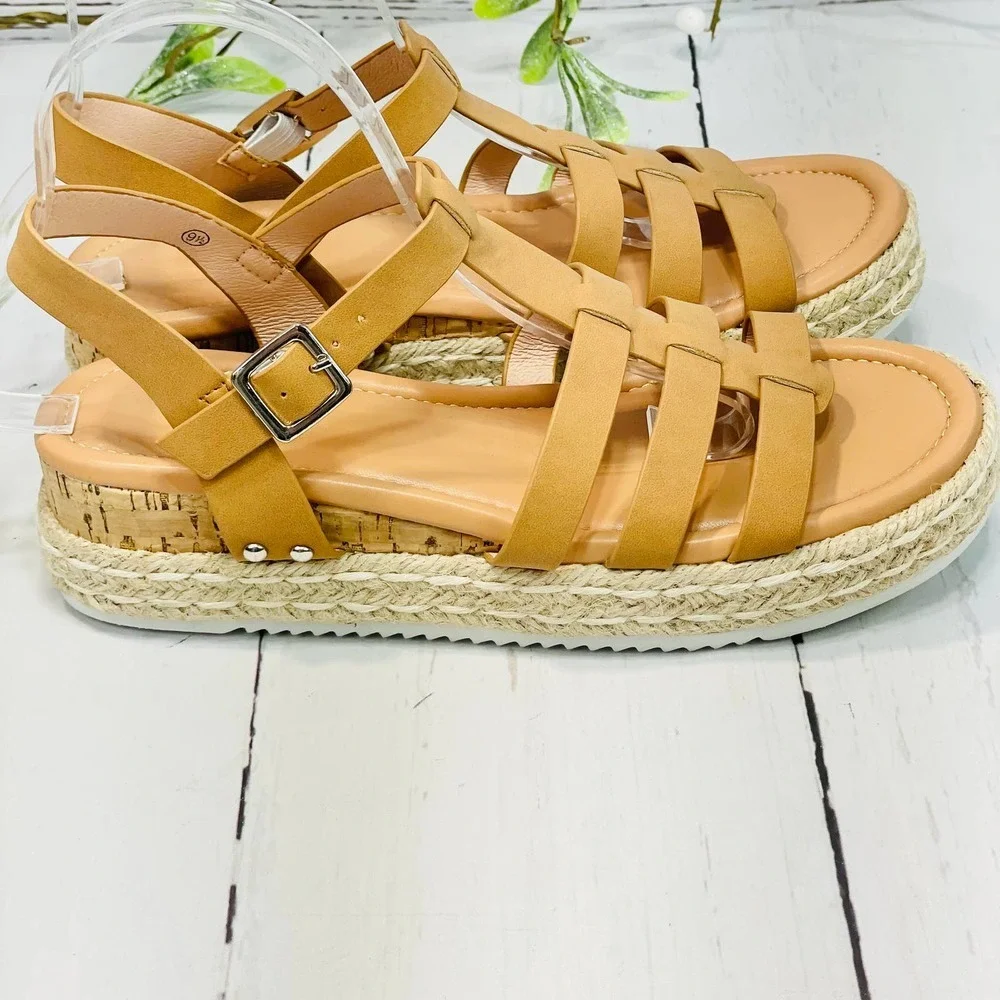 Women's Platform Wedges Espadrille Ankle T-Strap Sandals (sz 9.5) - Picture 6 of 9
